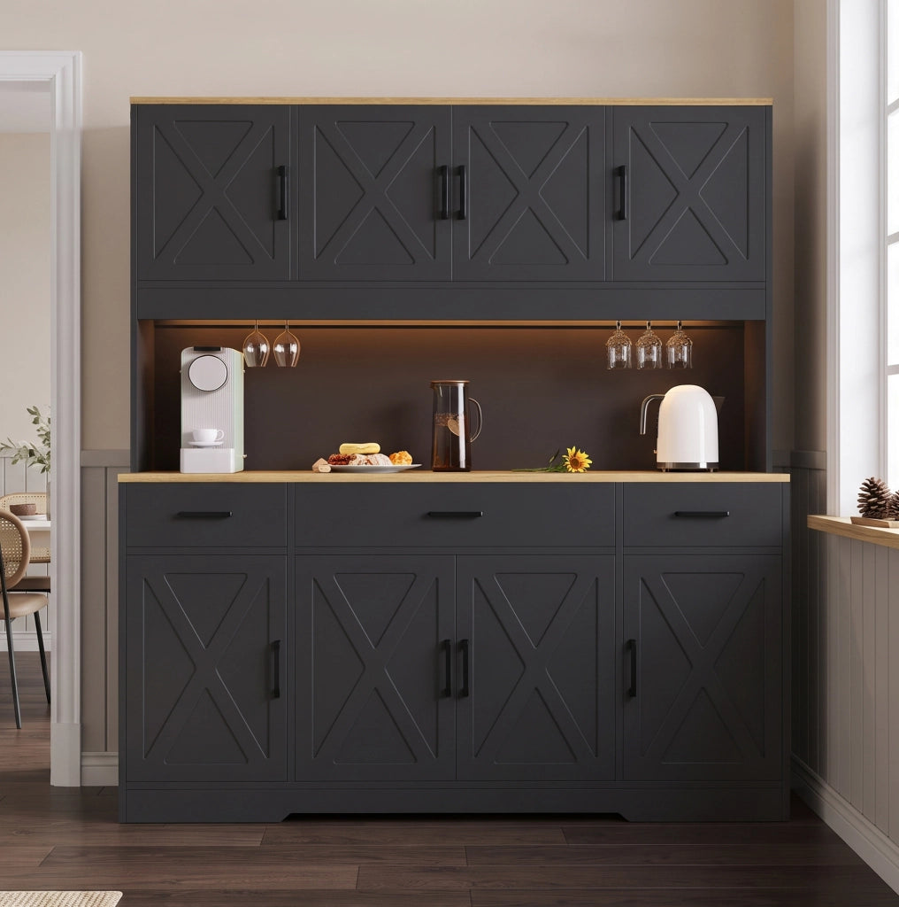 Credenza buffet 150x40x180 cm con LED; 2 prese; USB-A e USB-C; nero in truciolare