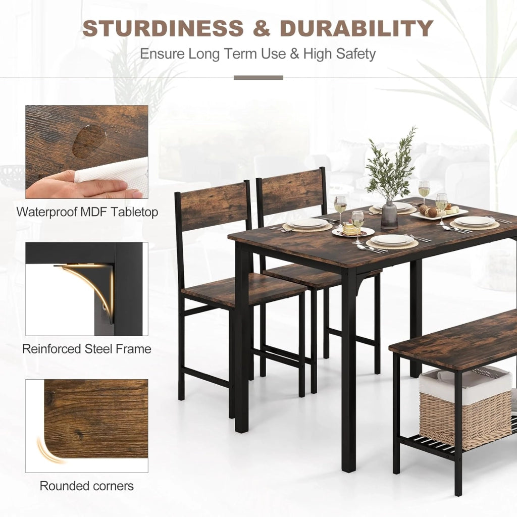 Set di tavolo da pranzo per 4, tavolo da cucina con 2 sedie e 1 panca, set da pranzo industriale con struttura in metallo e scaffale, set da pranzo moderno e funzionale (caffè)