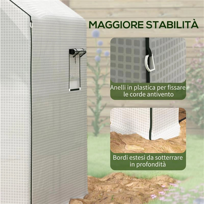 COPERTURA PE PER SERRA DA GIARDINO CON PORTA A CERNIERA E FINESTRE, 140X143X190CM, BIANCO