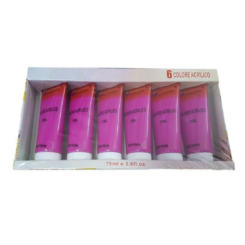 Trade Shop - Set 6 Pezzi Pittura Acrilica Vernice Confezione Colore Viola Tubo 75 Ml 07497 -