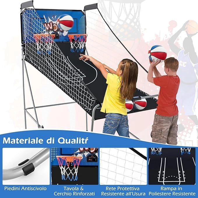 Macchina da Pallacanestro Elettronica, Canestro Basket da Camera a Doppio Tiro Pieghevole con Punteggio Elettronico, 4 Palle, 8 Modalità di Gioco e 2 Canestri (Blu 2)