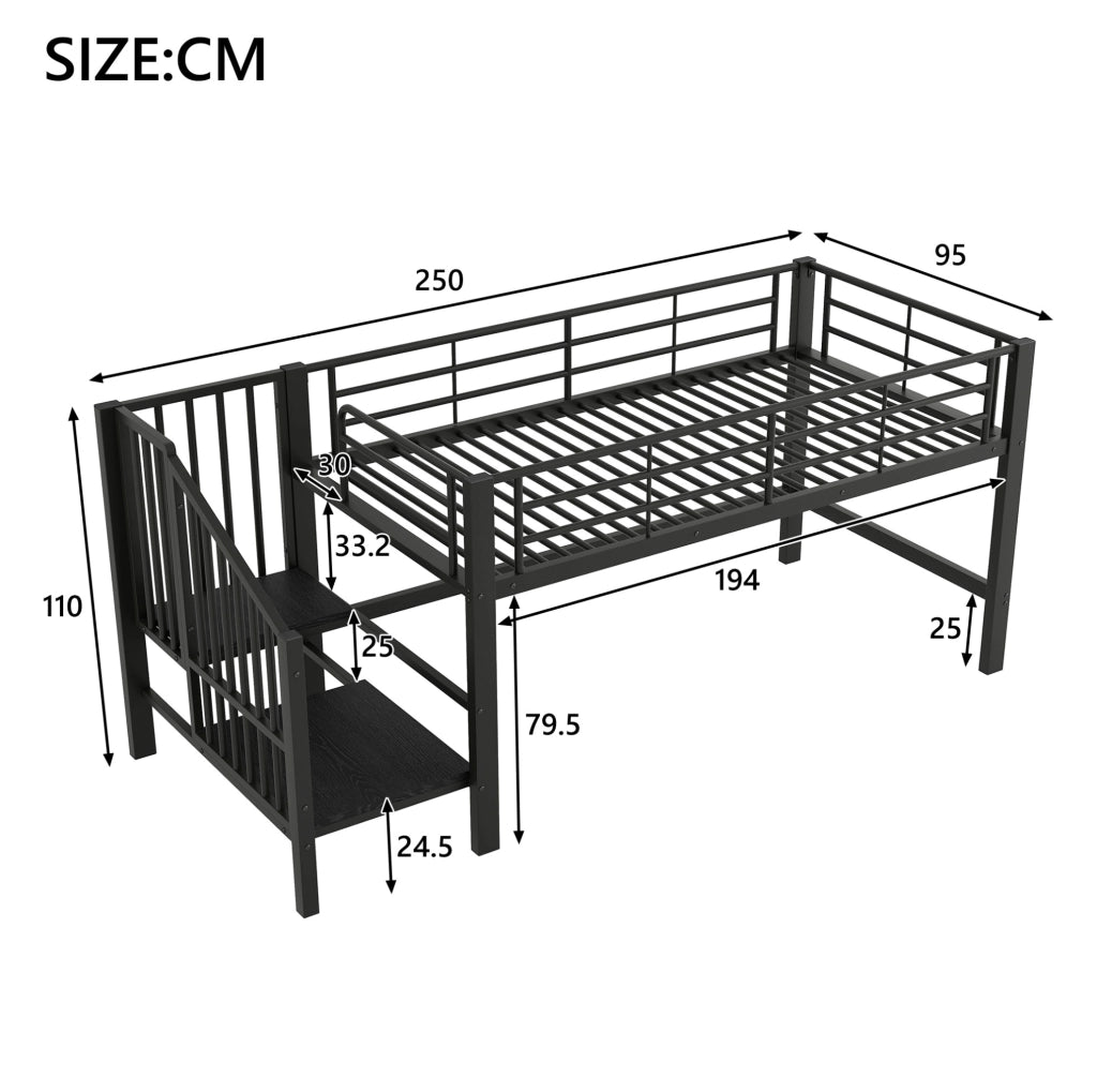 Letto a soppalco 90x200 cm con scala contenitore in metallo e MDF nero