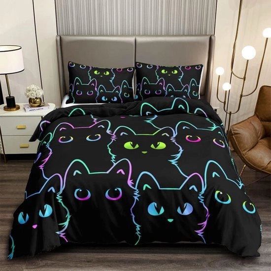 Set di coperte per bambini, set di coperte per letto con 2 cuscini con copertura, design di gatto, gatto nero, gatto cartoon, colore a gradazione, colore acceso, per bambini di entrambi i sessi, per bambini.