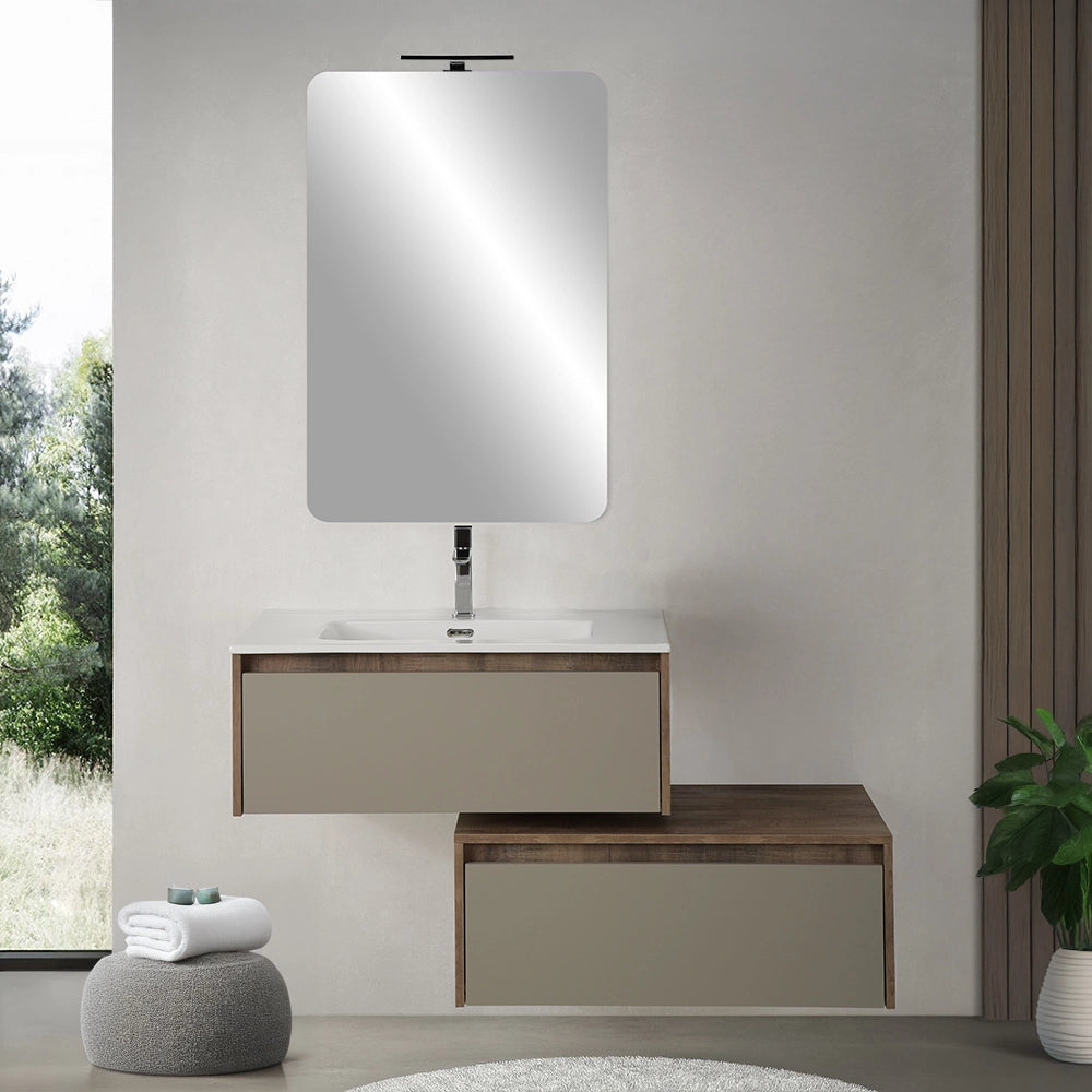 Mobile bagno sospeso 80 cm in legno tabacco e tortora con 2 cassetti, lavabo e specchio Smok