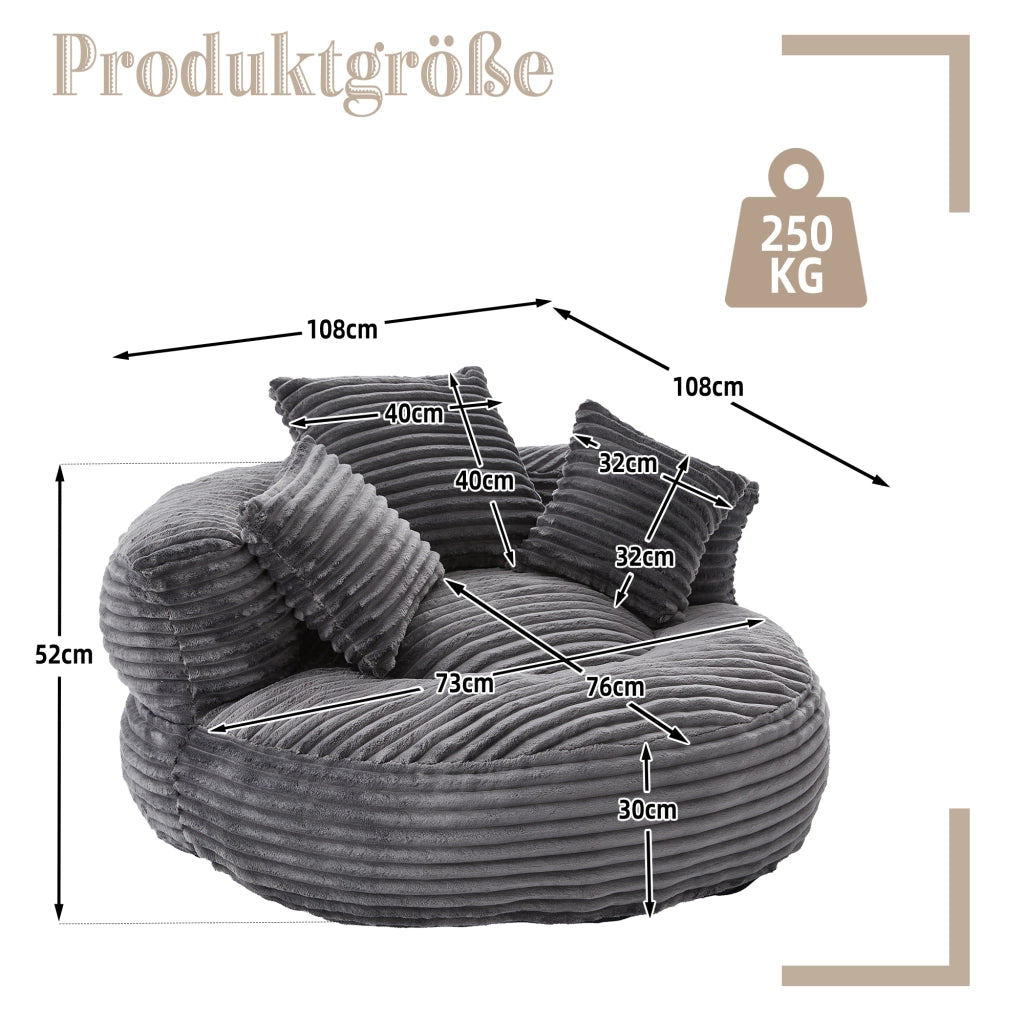 Poltrona Pouf Con Schienale Alto E Braccioli; 3 Cuscini; Seduta Ampia Comfort Lounge; in Velluto A Coste Grigio Scuro
