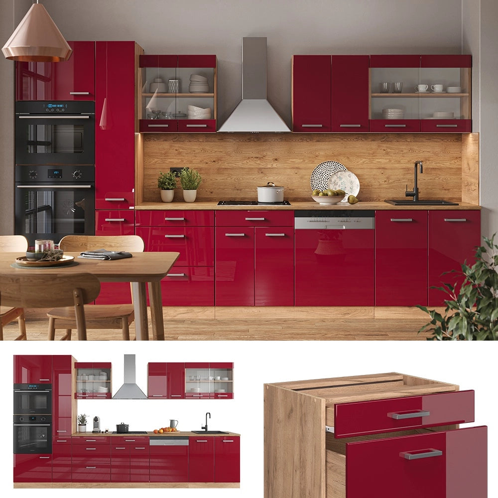 Cucina componibile R-Line Rosso lucido/Rovere dorato 350 cm con armadio alto, PL Marmo Vicco