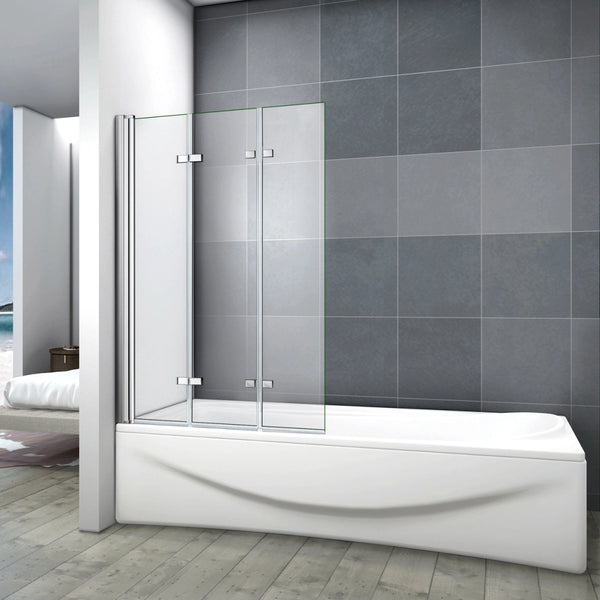 Parete Doccia Per Vasca da Bagno 130x140 cm 3 Ante Movibili Pieghevoli a Libro in Vetro Temperato 6 mm Trasparente Anticalcare Telaio Cromo Lucido