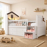 Letto semi-alto per bambini 90x200 cm a casetta con LED e 4 cassetti
