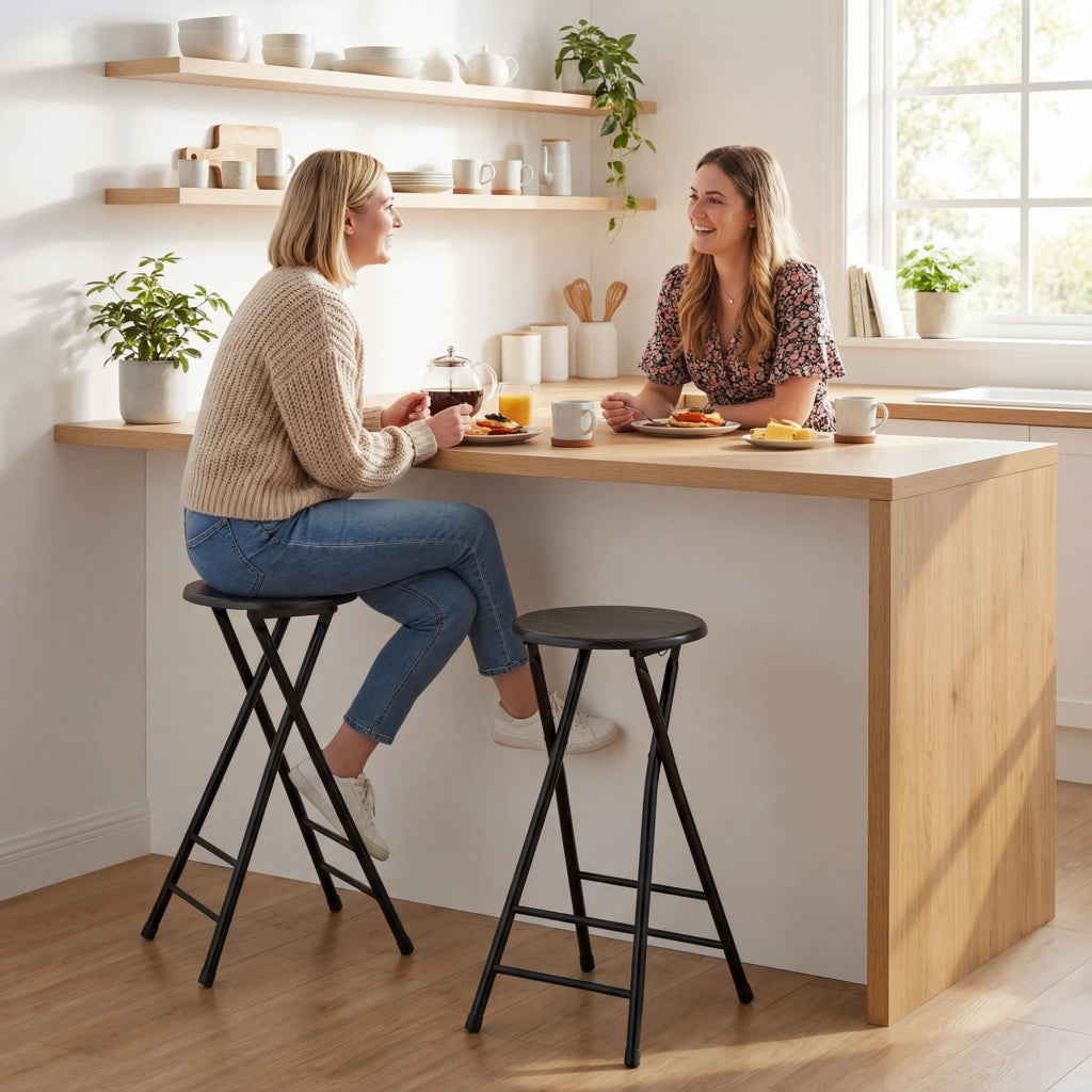 Set 2 Sgabelli Bar 34x30x70 cm Pieghevoli con Doppio Poggiapiedi in Legno e Acciaio Nero