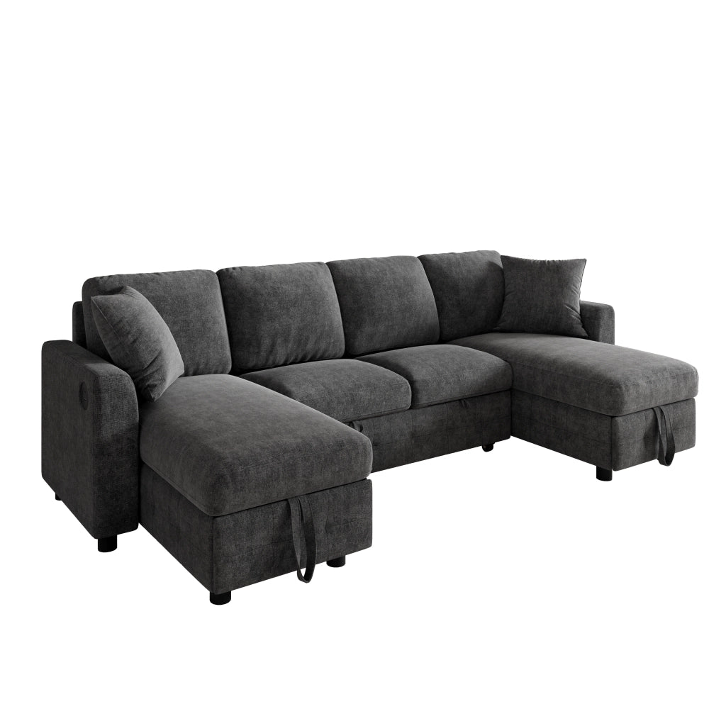 Divano letto angolare - con contenitore; USB e Type-C - in chenille grigio scuro