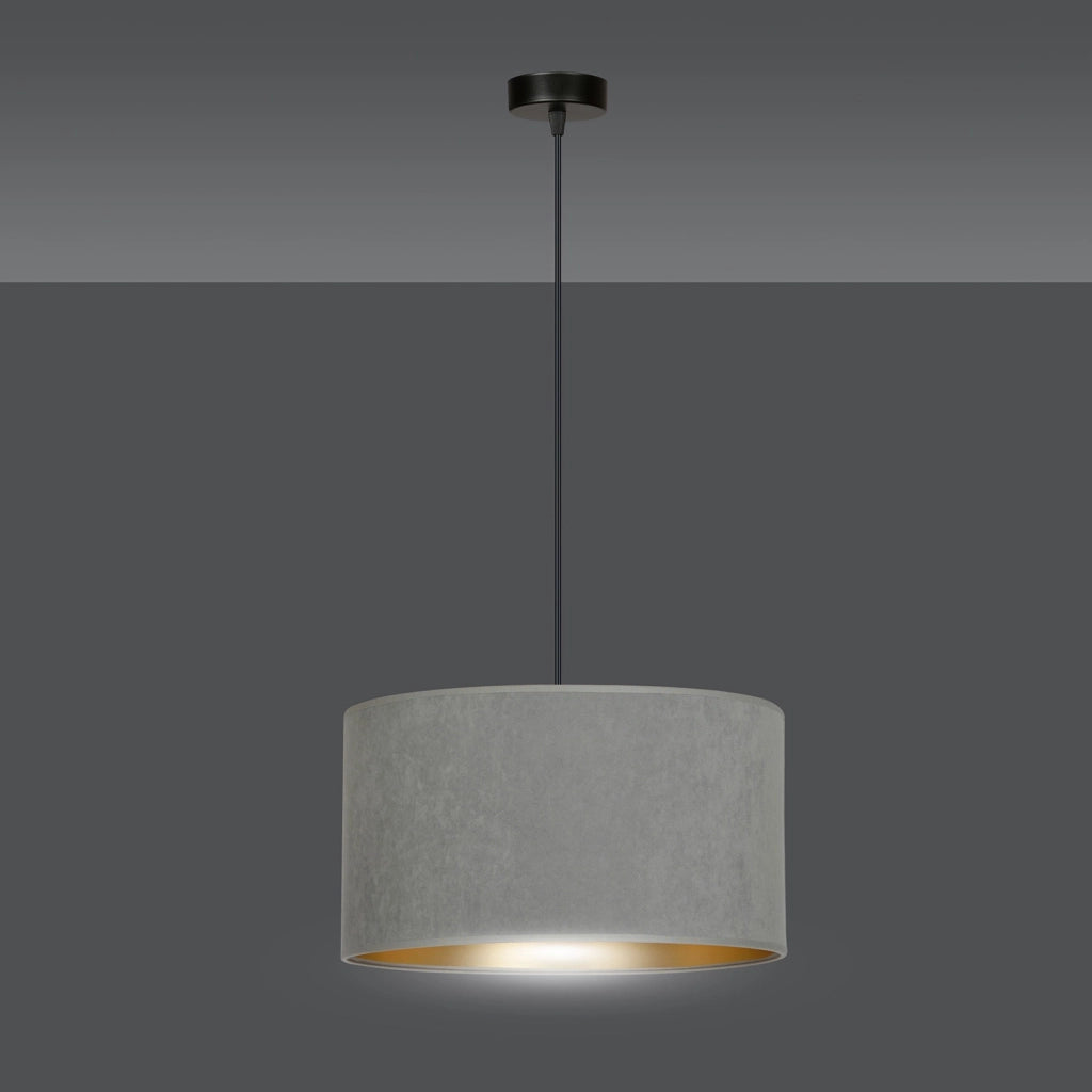 Sospensione 1 Luce Ganesha In Acciaio Nero E Paralume In Tessuto Grigio