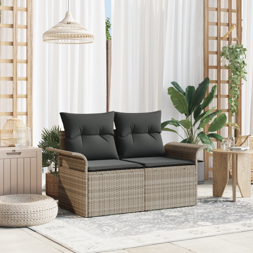 Divano da giardino a 2 posti con spazio di archiviazione e cuscini, Grigio chiaro in polyrattan