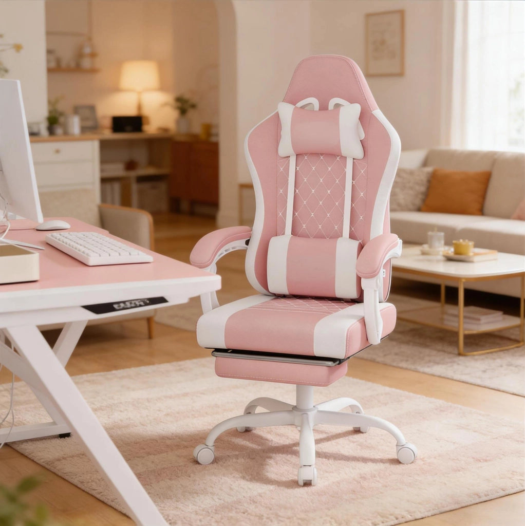 Sedia gaming ergonomica con massaggio rosa e bianca