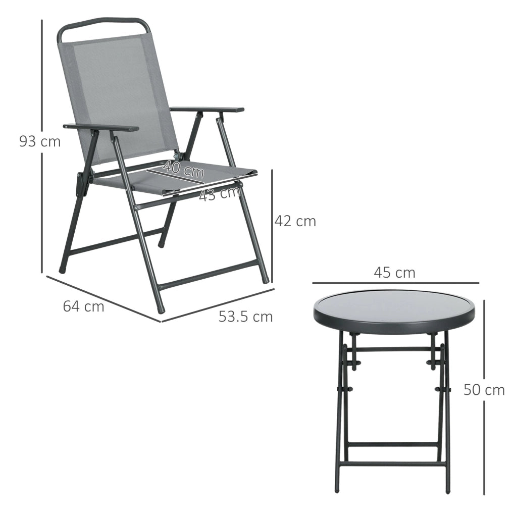 Set Tavolino e 2 Sedie Pieghevoli da Giardino  in Metallo Grigio Chiaro