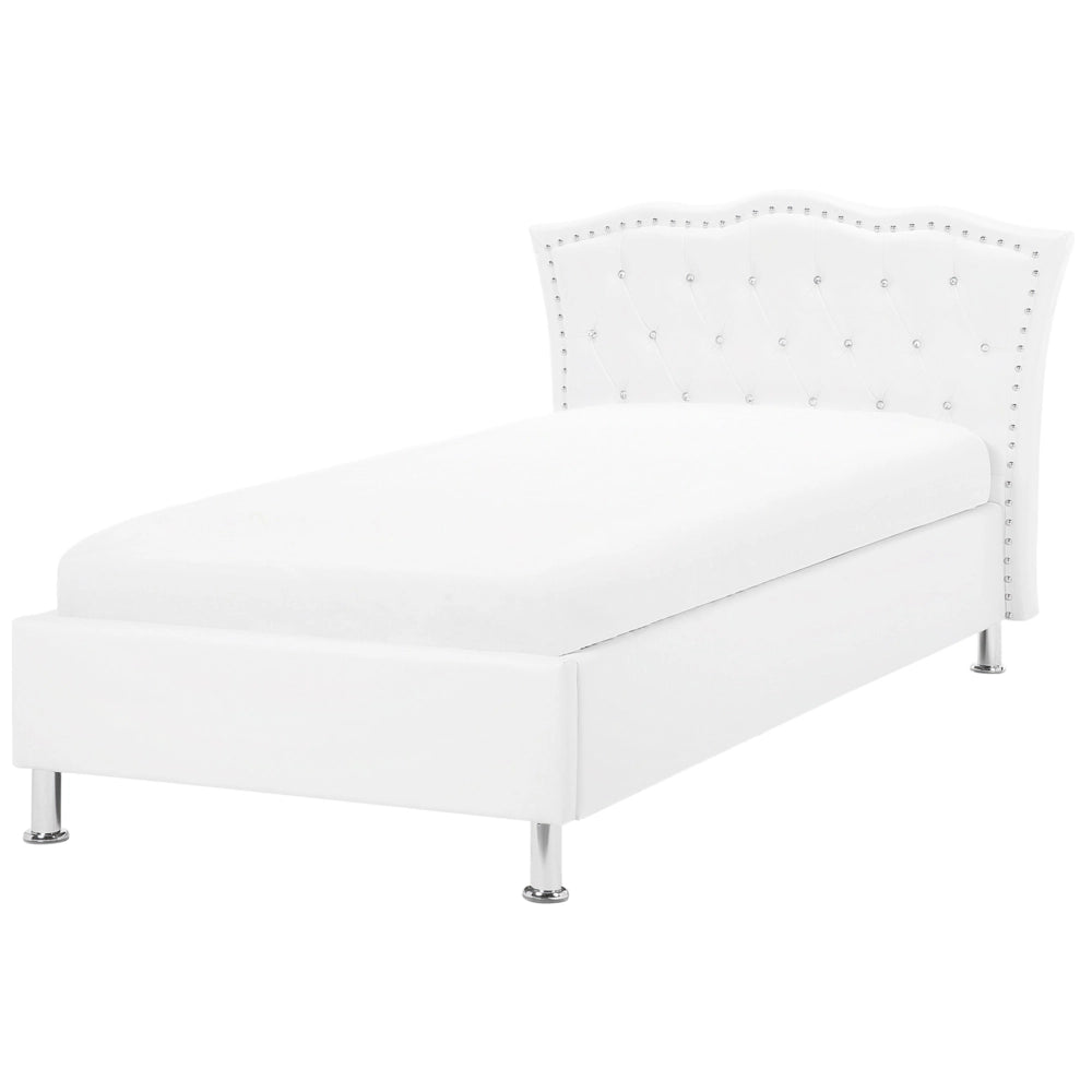 Letto singolo in ecopelle bianca con struttura imbottita da 90 x 200 cm con rifiniture per la testa dei chiodi contenitore