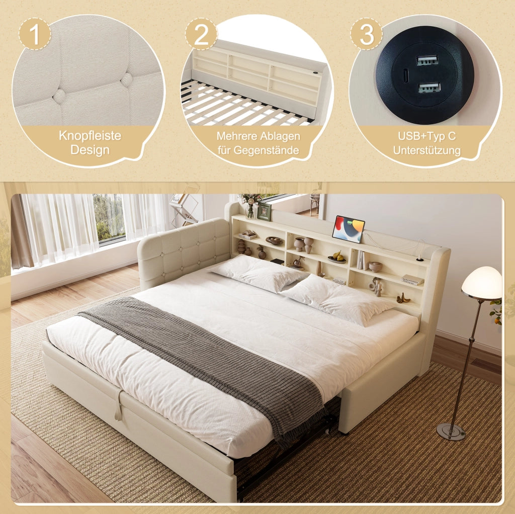 Letto estraibile 90x200 cm con USB/Type-C e ripiani beige