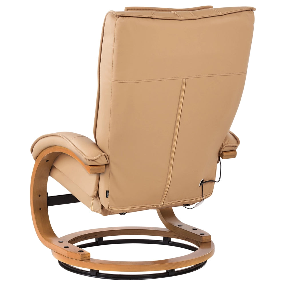 Poltrona massaggiante/riscaldante e poggiapiedi in ecopelle marrone chiaro con poggiapiedi con funzione massaggio design retrò