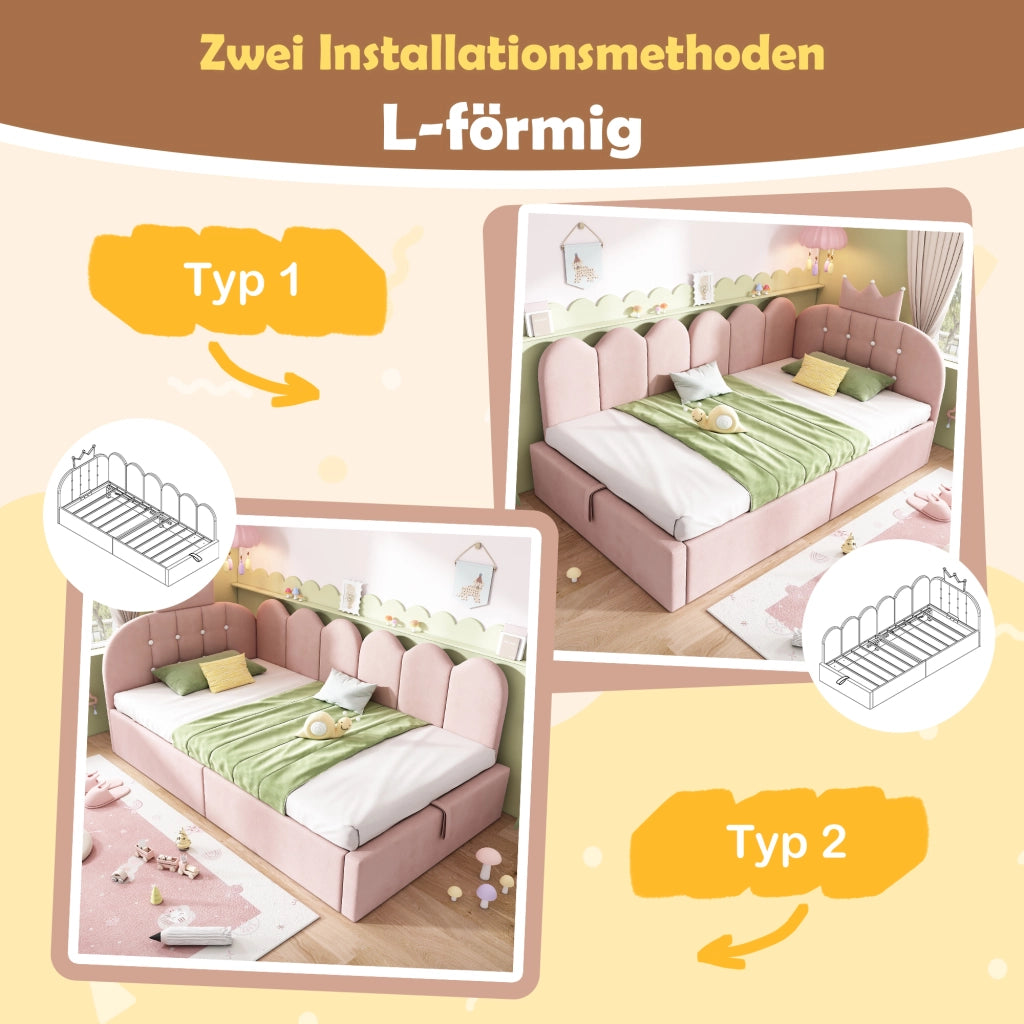 Letto contenitore per bambini 90 × 200 cm con sollevamento idraulico, senza materasso, in velluto rosa