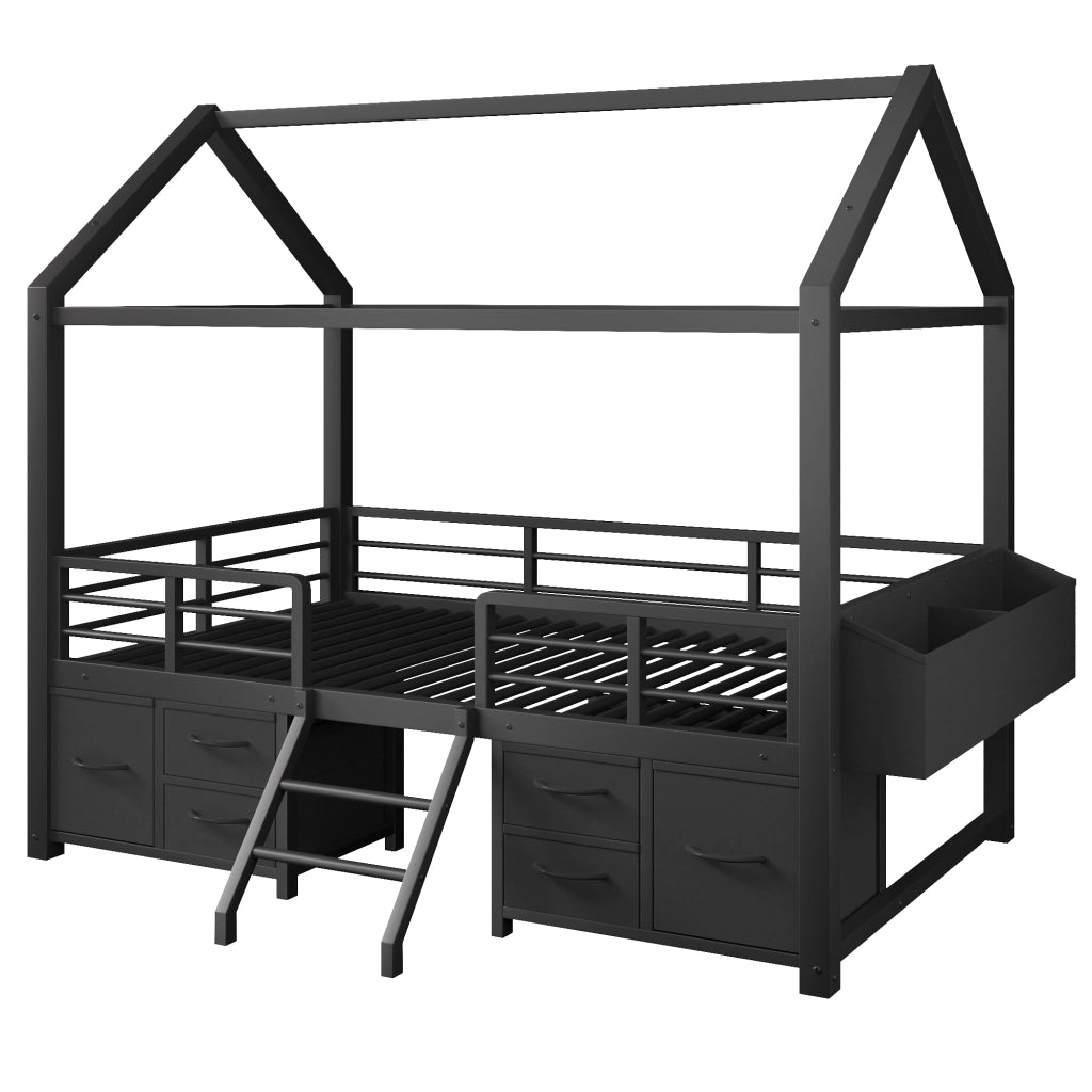 Letto a soppalco 90x200 cm in metallo e MDF; struttura a casetta con cassetti; nero