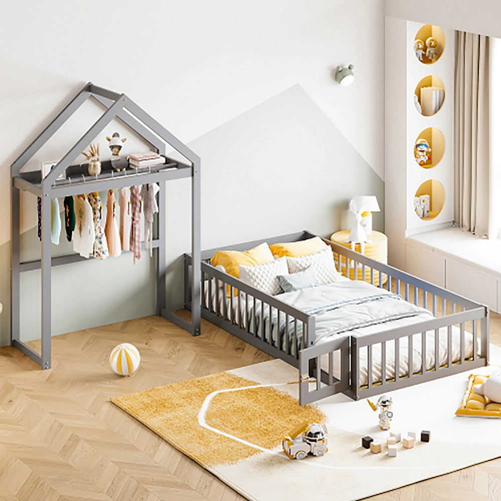 Letto singolo per bambini con contenitore - Xylo - 90x200 cm - Grigio - Protezione completa porte e rete