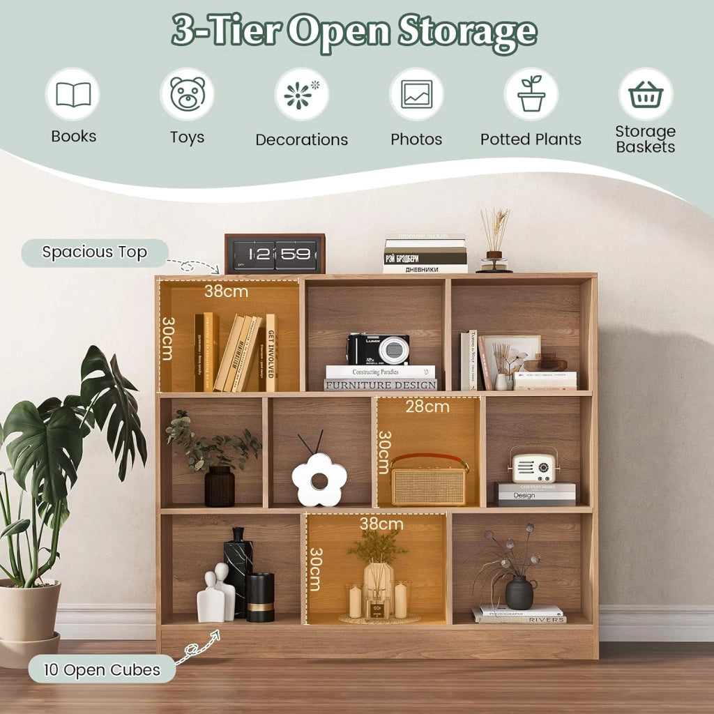 Libreria Aperta con 10 Scomparti, Libreria a 3 Livelli con Dispositivo Antiribaltamento, Mobile di Stoccaggio, Scaffale per Soggiorno, Ufficio (Naturale, 120 x 24 x 104 cm)