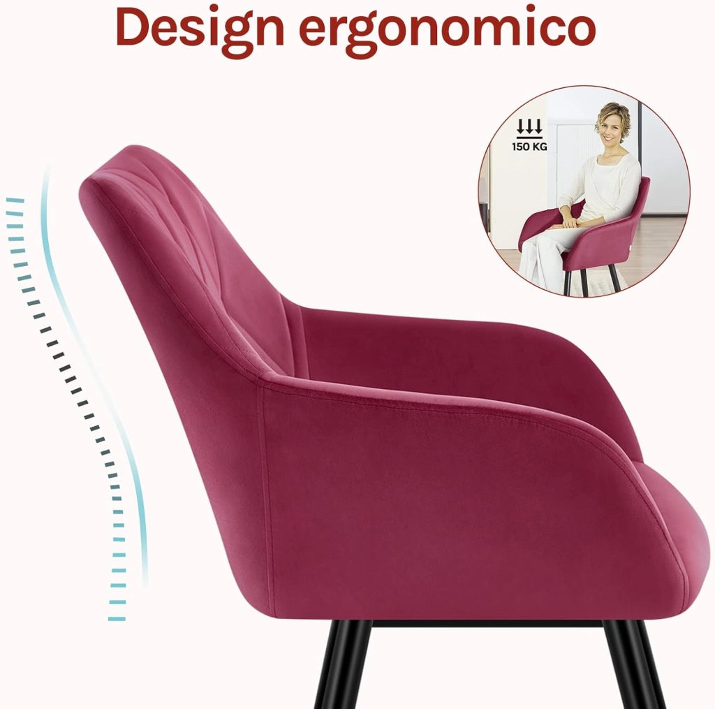 Set di 4 Sedie per Sala da Pranzo Imbottita, Poltroncina in Velluto,Sedia da Cucina con Braccioli e Schienale, Gambe in Metallo, Bordeaux, BH352bd-4