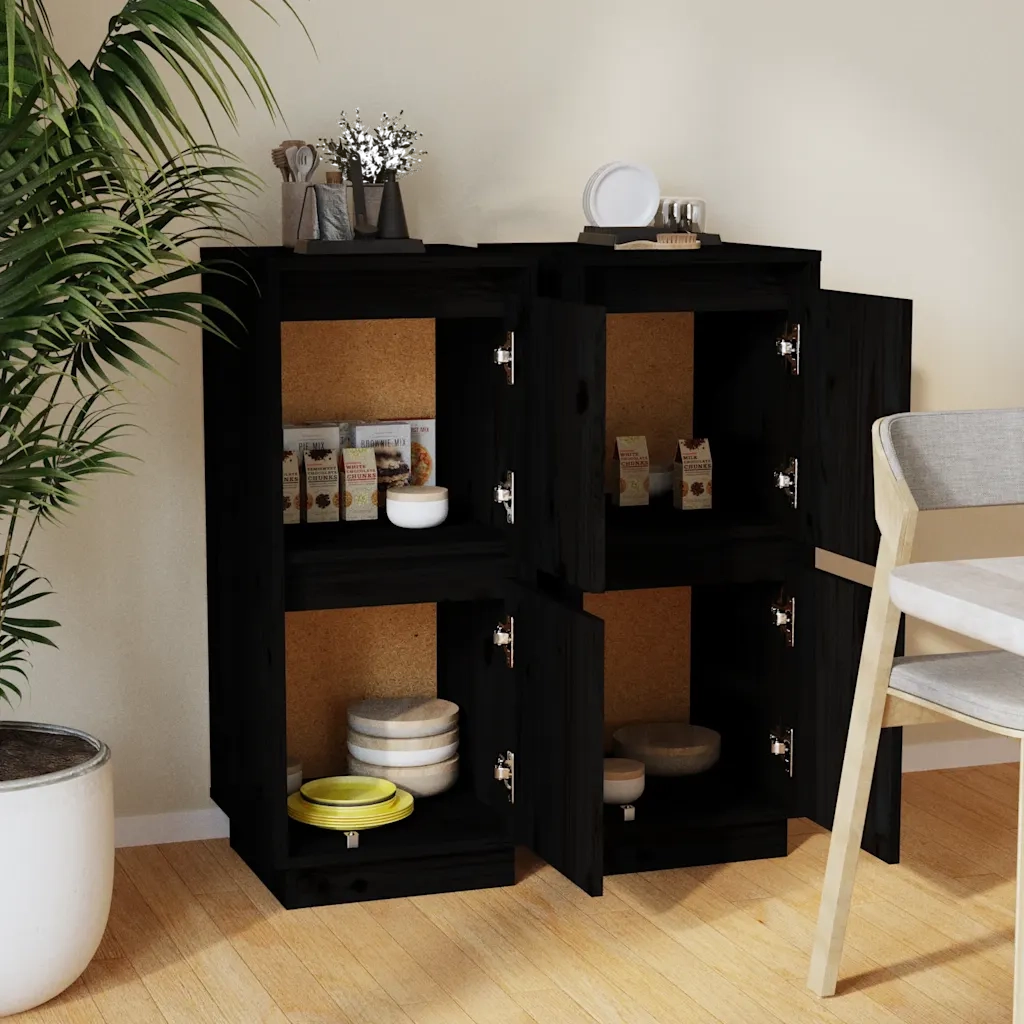 Credenze 2 pz | Madia | Buffet da pranzo | Armadio da pranzo Nero 31,5x34x75 cm in Legno Massello di Pino