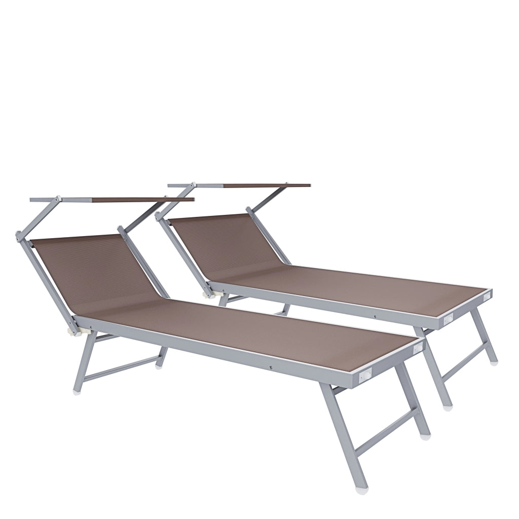 Set 2 Lettini Prendisole Pieghevoli Professionali In Alluminio Leggero Con Tettuccio Parasole Regolabile Sdraio Relax Mare Spiaggia Piscina Giardino Terrazza 182 x 60 x 38 Cm Tortora