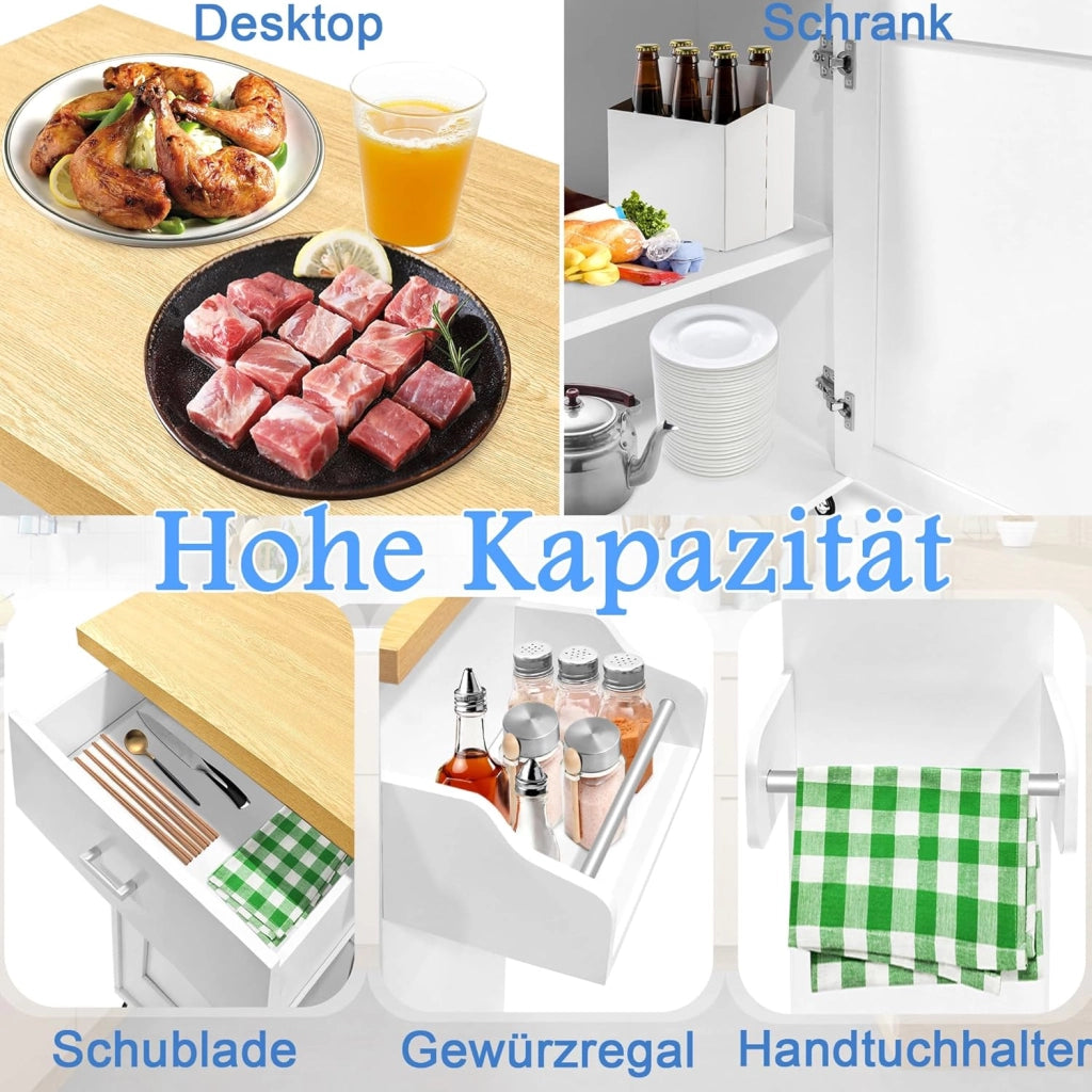 Carrello da Cucina con Ruote e Piano di Lavoro, Carrello Servizio in Legno con Portasciugamani e Portaspezie, Mobile Credenza Cucina Bianco, 115x90x36 cm