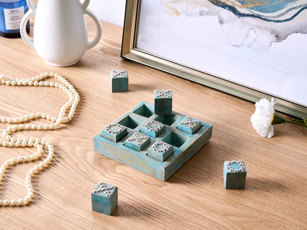 Gioco del tris da tavola blu Accessorio decorativo in legno di mango Soggiorno