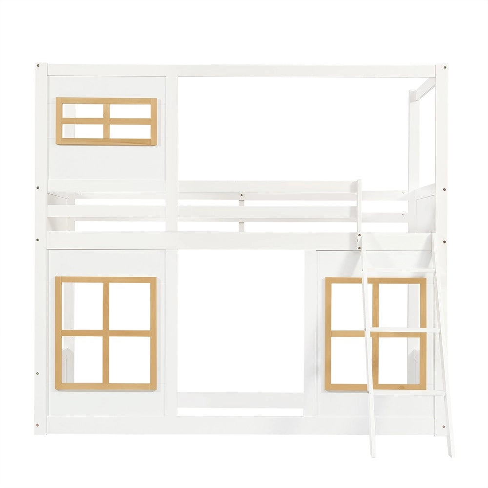 Letto a Castello per Bambini con Finestra e Scaletta ¨C MINIMAL ¨C Pino/MDF/Multistrato, Bianco, 90x200