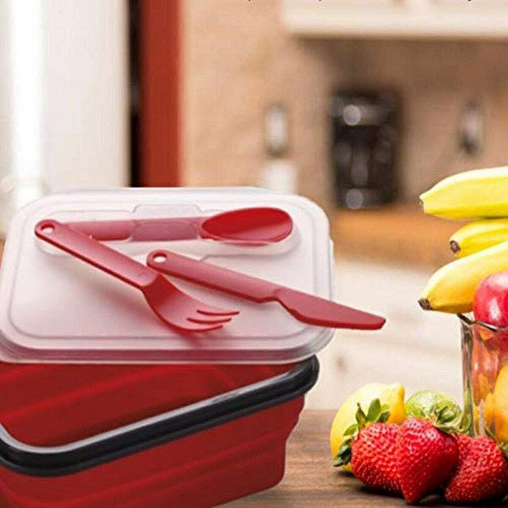 Trade Shop - Contenitore Cibo Pieghevole Silicone Scatola Porta Pranzo Posate Lavoro -