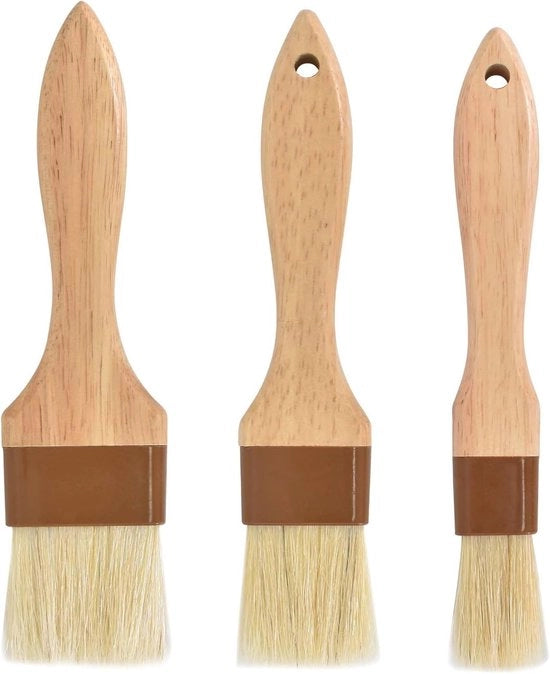 Set di 3 Spazzole in Legno per Barbecue, Cottura e Grigliata - Setole Naturali, Manico in Legno Lungo, Ideale per la Cucina e la Birra