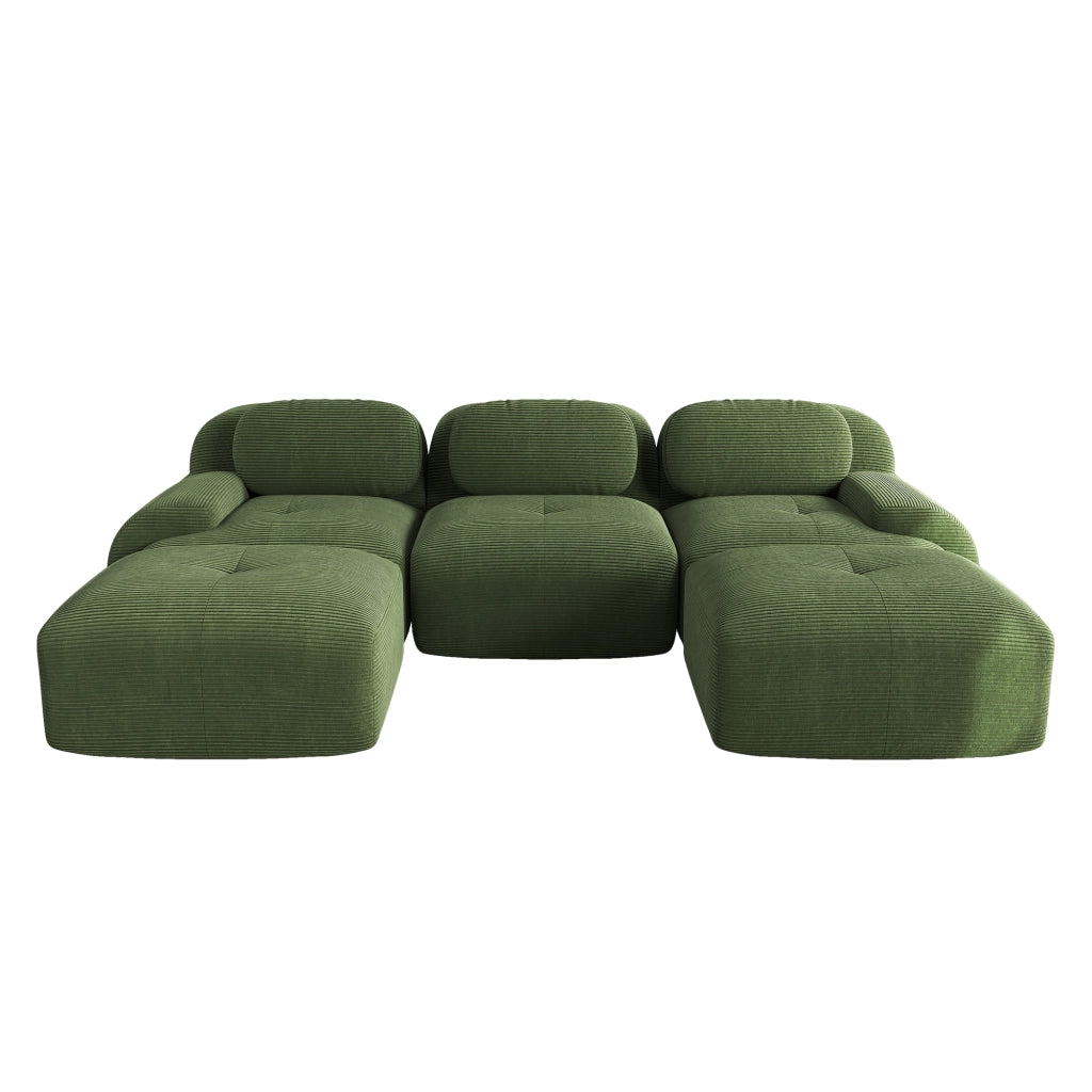 Divano angolare modulare senza montaggio; seduta in schiuma 32D; braccioli arrotondati; velluto a coste; verde