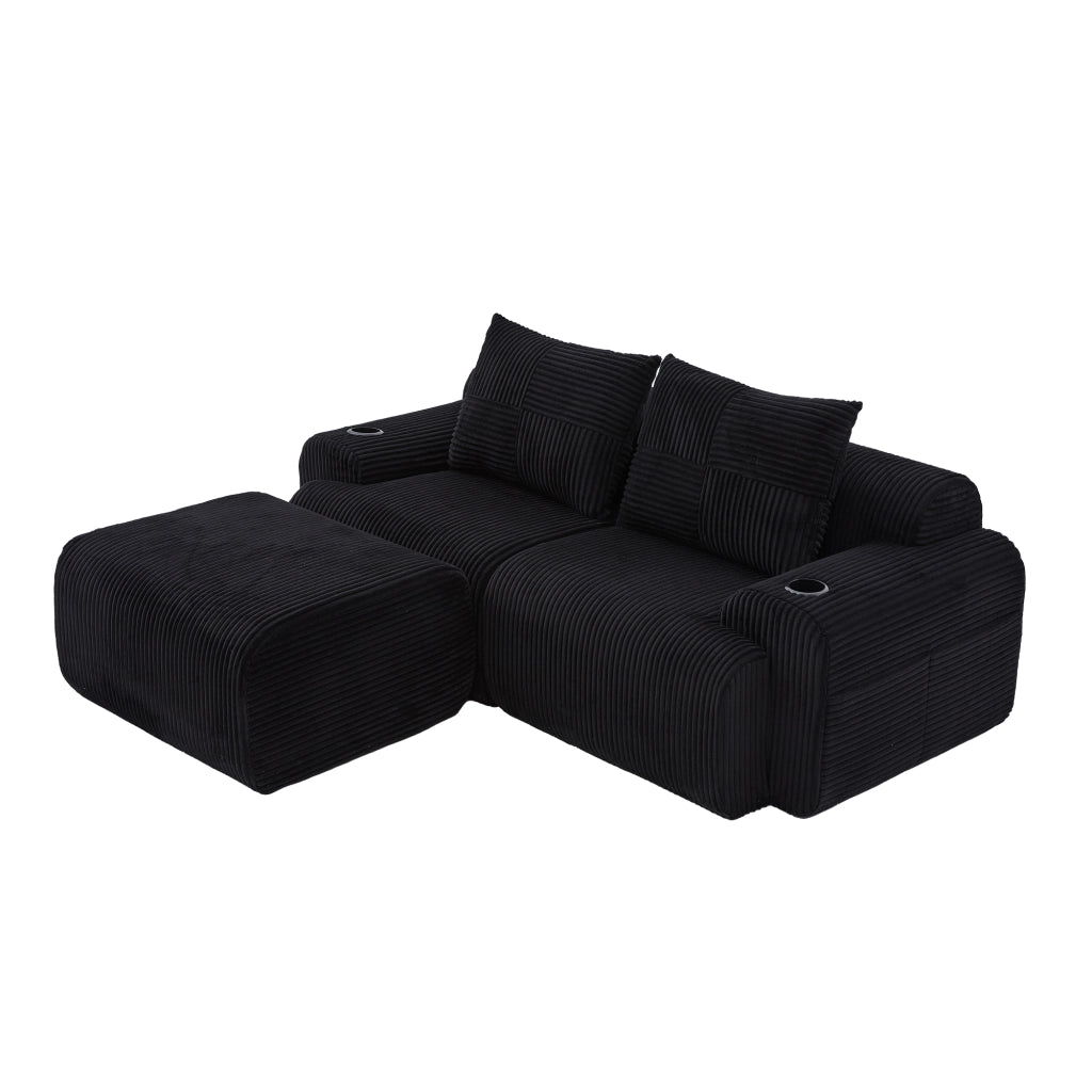 Divano modulare a 2 posti in corduroy nero con portabicchieri e tasca laterale, 200x174x80 cm