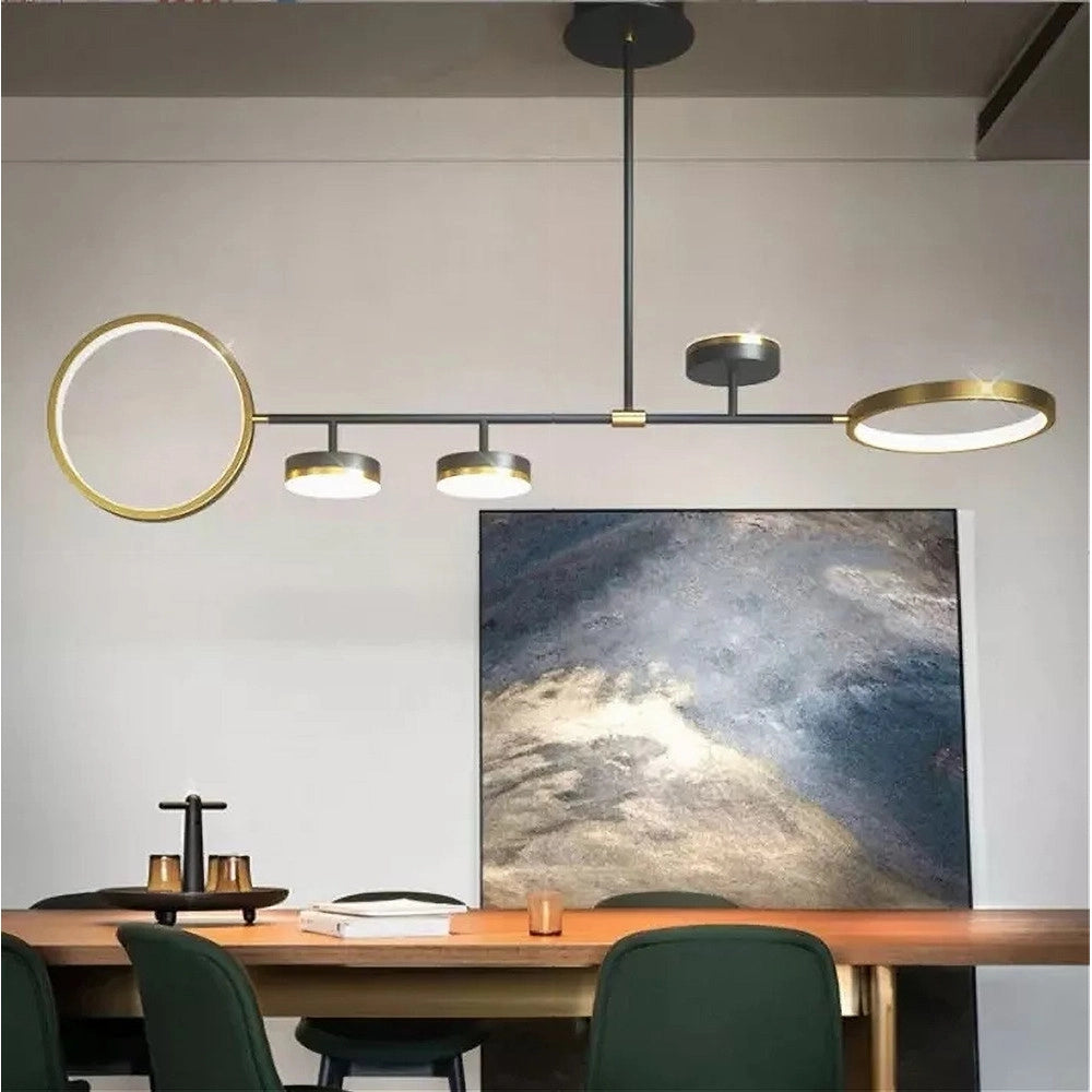Trade Shop - Lampadario A Sospensione Led 37w Con 5 Cerchi Orizzontale Nero Oro Luce Naturale 71354 -