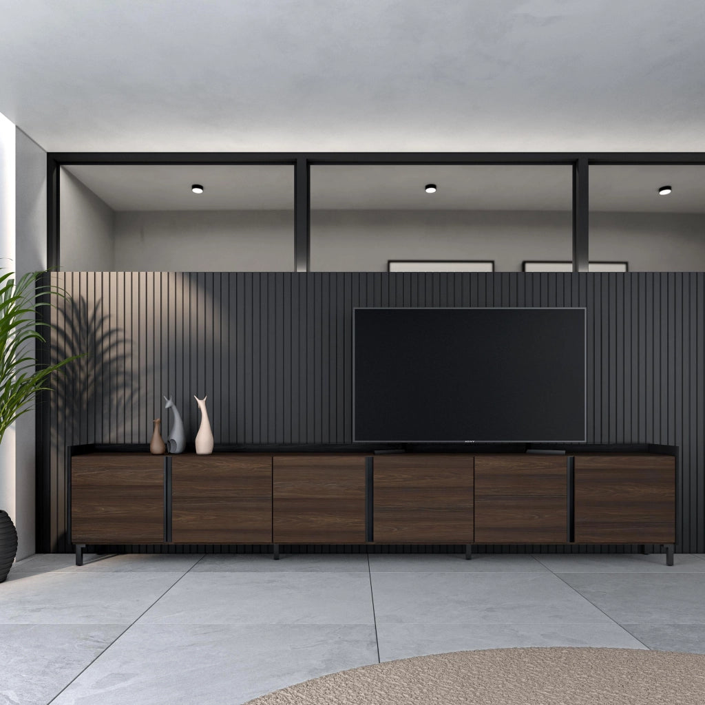 Mobile TV Soggiorno, 309x61x35 cm, Per TV fino a 80", Design industriale, Rovere scuro e Nero