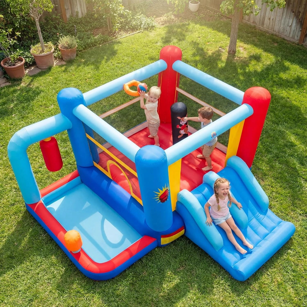 Castello Gonfiabile per Bambini con Soffiatore 550W, Casa Gonfiabile con Palo da Boxe, Trampolino, Doppio Scivolo, Piscina di Palline e Canestro da Basket, per Bambini 3-12 Anni