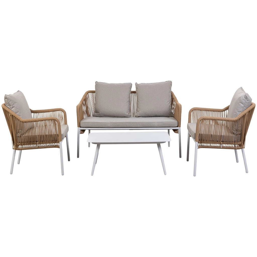 Tavolo, divano e 2 poltrone beige, 110x65x45, 72x79x76, 146x79x76