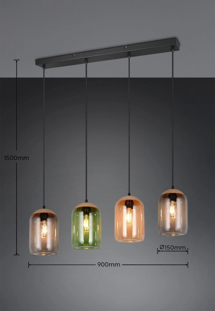 Lampada a sospensione Trio Cork nera 4xE27 vetro colorato