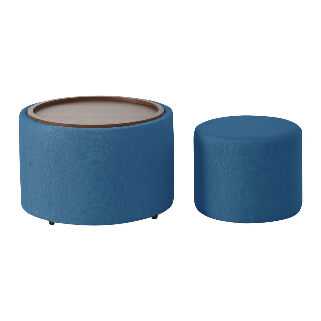 Pouf contenitore set da 2 - con vano portaoggetti e vassoio in legno - in lino blu
