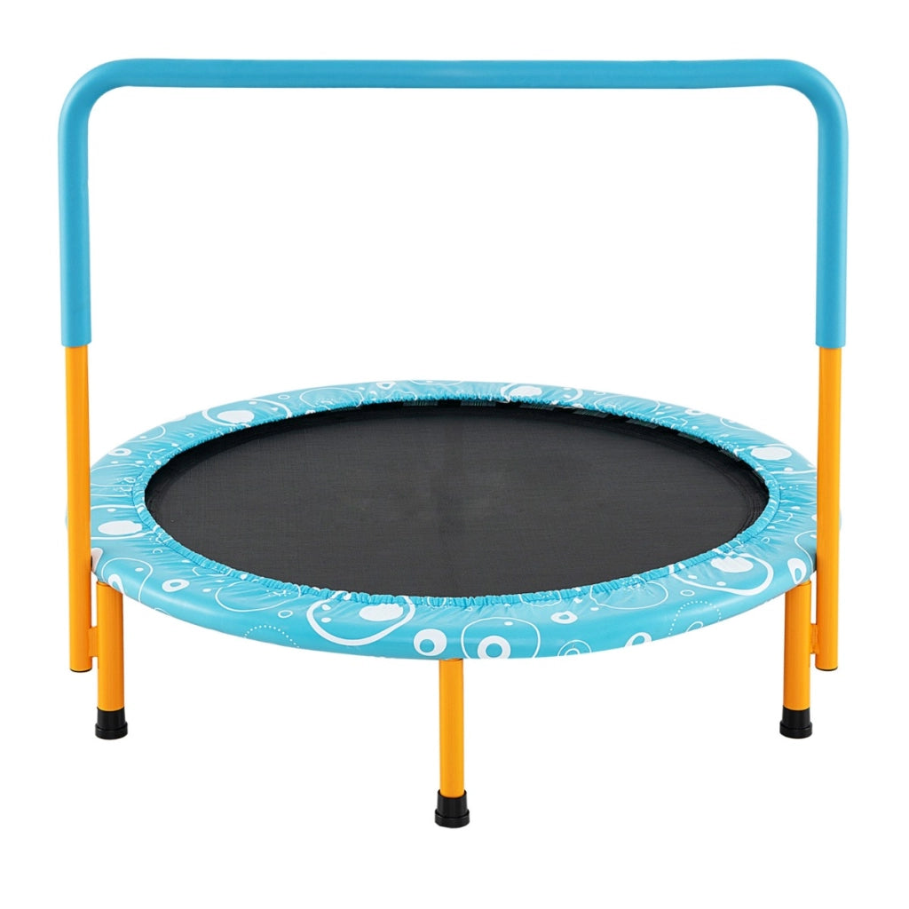 Trampolino per bambini con copertura di sicurezza e maniglia, Tappeto elastico pieghevole 92x92x80,5cm Azzurro-Trampolini