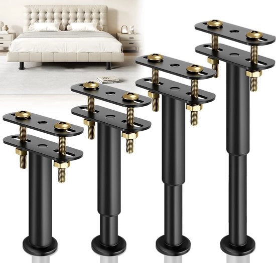 Supporti di Regolazione per Letti / Braccio di Sostegno (4 pezzi) – Supporti di Sostegno in Acciaio 18–32 cm – Carico Massimo 450 kg – Nero