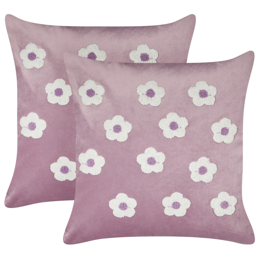 Set di 2 cuscini in velluto lilla ricamati con motivo a fiorellini 45 x 45 cm morbida imbottitura