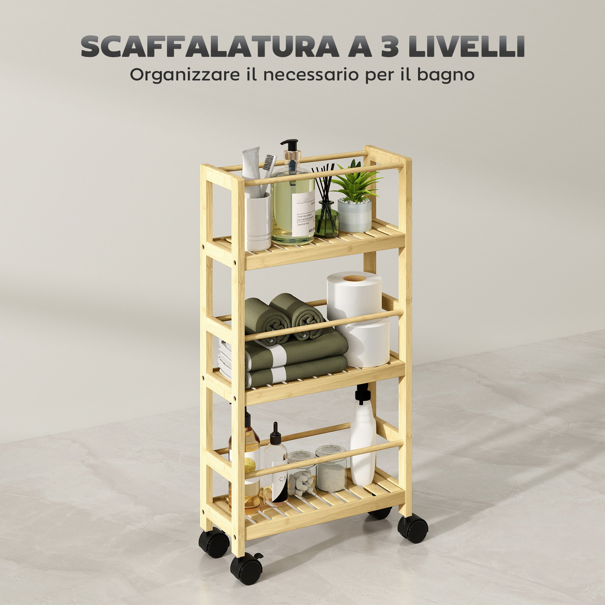 Scaffale Bagno a 3 Livelli 36x15x73 cm con Ruote in Legno di Bambù