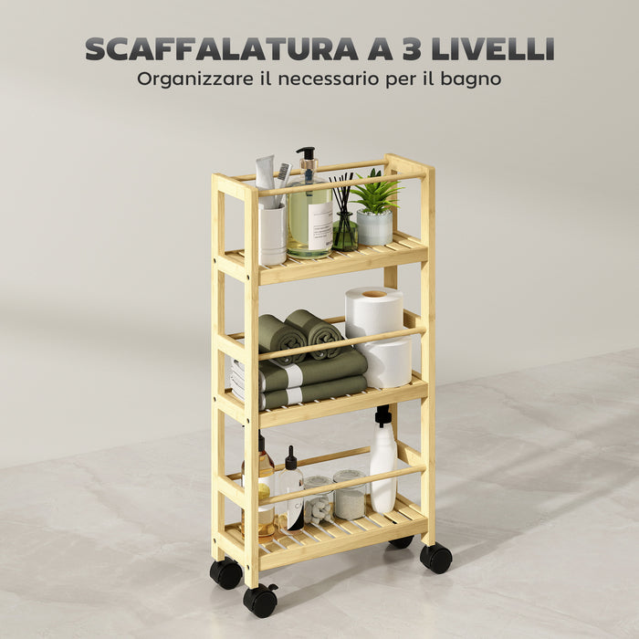 Scaffale Bagno a 3 Livelli 36x15x73 cm con Ruote in Legno di Bambù