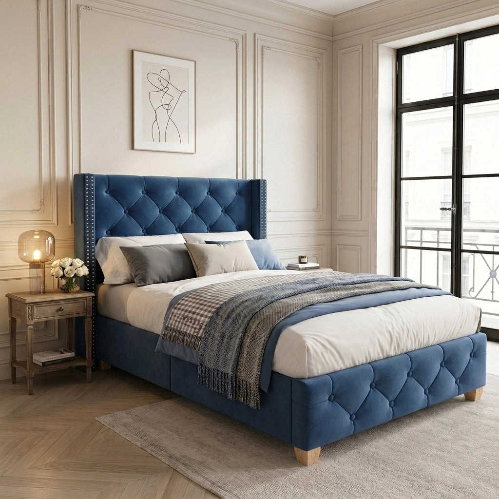 DESMIU Letto imbottito 90 × 200 cm 1 posto con trapuntatura a bottoni, borchie decorative, senza materasso, blu