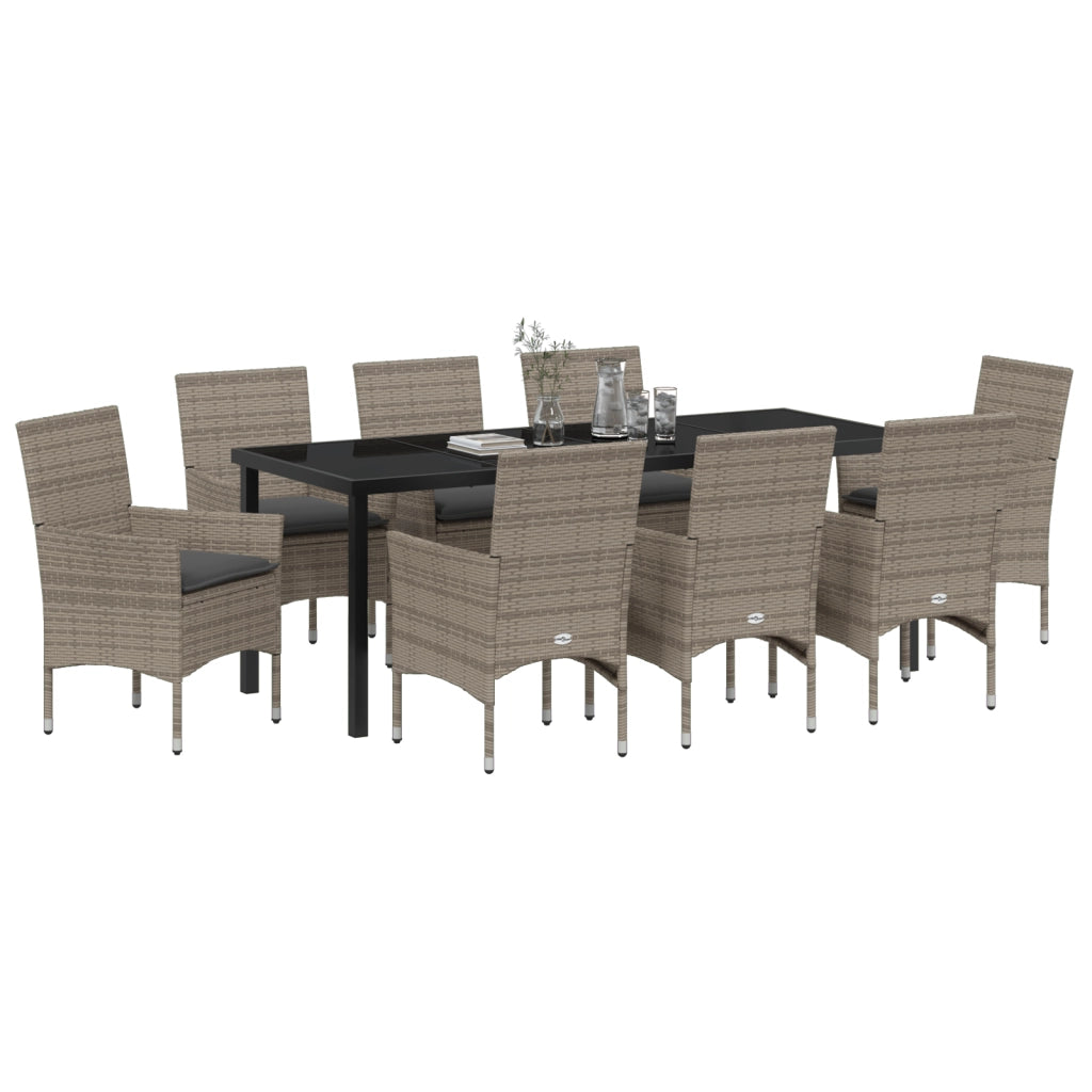 Set Pranzo Giardino  9 Pezzi con Cuscini Grigio Polirattan