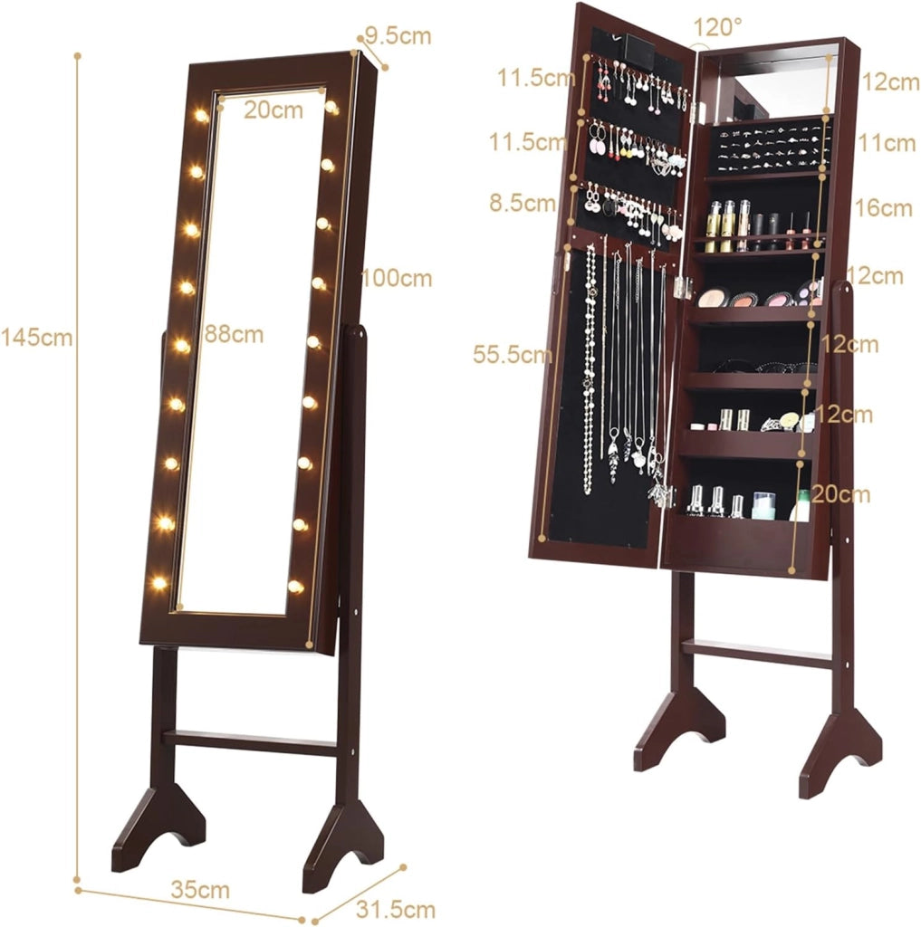 Portagioie Armadietto Specchiera con 18 Luci LED, Specchio a Figura Intera, Organizer per Gioielli Moderno Elegante, 145x35x31,5cm (Marrone)