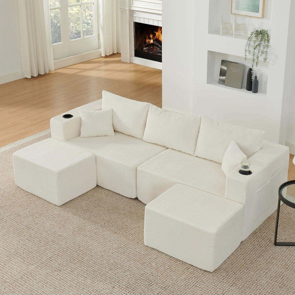 Divano angolare modulare 3 posti con pouf mobili, portabicchieri e tasche laterali, in tessuto a coste beige